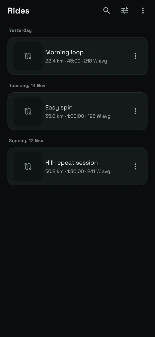 Ride Compute ride history with three example rides and their distance, time and average power.