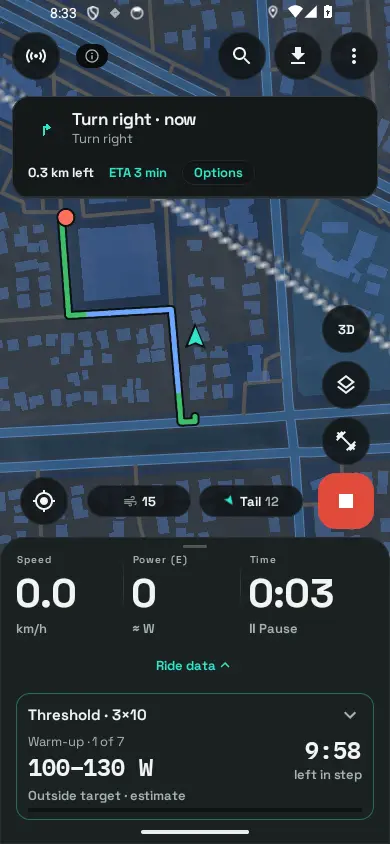 Ride Compute's ride screen with turn directions, speed, approximate power and a workout step. Example ride.