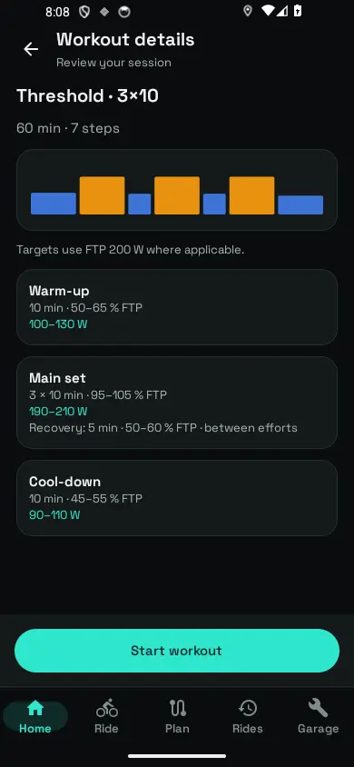 Threshold workout in Ride Compute with warm-up, three ten-minute efforts and cool-down. Example FTP of 200 watts.